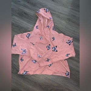 Women’s Pink Butterfly Cropped Hoodie Blue Butterfly Print Size S (3-5)